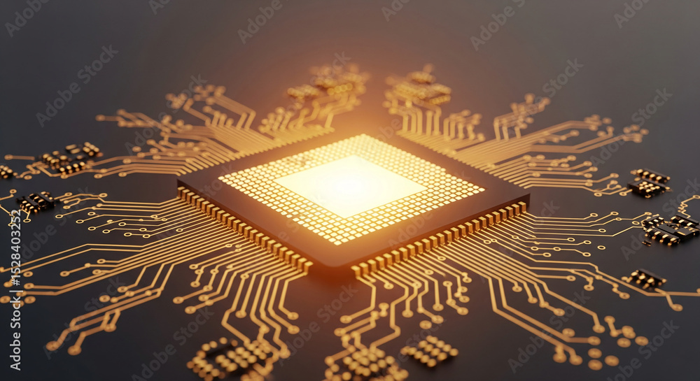 Fototapete close-up of golden processor on dark circuit board, glowing brightly, symbolizing technology, innova