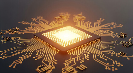 Fototapeta premium Close-up of golden processor on dark circuit board, glowing brightly, symbolizing technology, innovation, and computing power