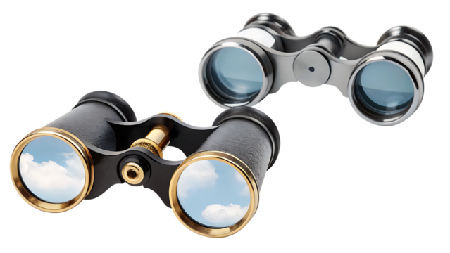 Two vintage binoculars isolated on a white background