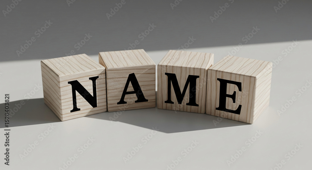 Poster wooden blocks spelling name, showcasing simple elegance and branding potential, ideal for identity o
