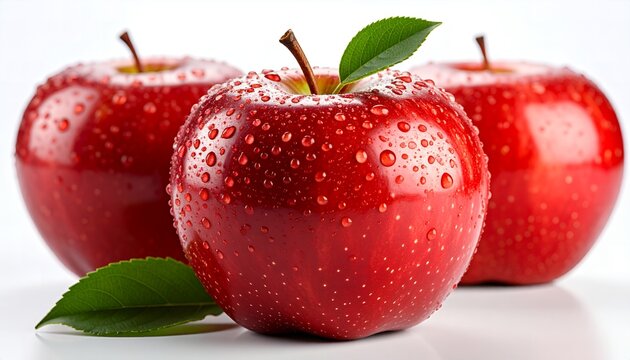 Three shiny red apples, one with a leaf, covered in water droplets on a white surface.