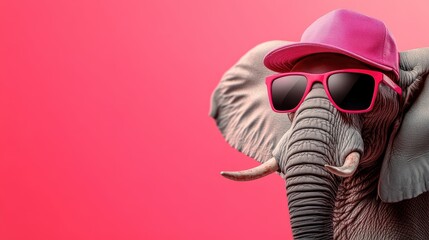 An artistic portrayal of a trendy elephant wearing sunglasses and a pink cap against a vibrant pink background, symbolizing uniqueness and playful creativity.