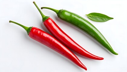 Two red chili peppers and one green chili pepper are displayed with a single leaf on a white surface.