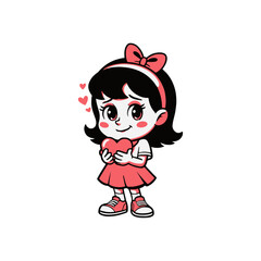 Cute Cartoon Girl Waving Red Dress Vector Illustration