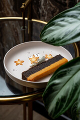 A delightful layered dessert pairs rich chocolate and bright orange flavors, beautifully plated with whipped cream, all set against a backdrop of lush greenery