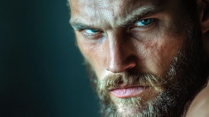 Obraz premium A close-up shot of a serious bearded man staring intently at the camera, capturing emotions of focus and determination within a dramatic low-light setting.