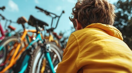 A young boy in a vibrant yellow hoodie intently gazes at a selection of colorful bicycles, capturing the curiosity and innocent wonder of childhood during an idyllic summer outing.