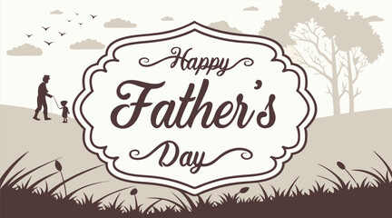 "Vintage Happy Father's Day Landscape with Dad and Child Silhouette"