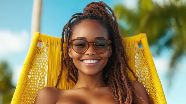 A joyful young woman relaxes on a yellow hammock under a bright blue sky, exuding happiness and serenity, epitomizing leisure and the enjoyment of nature during summer.