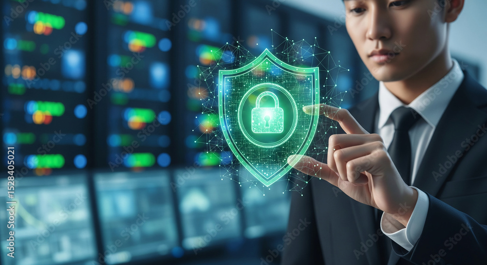 Aufkleber businessperson interacts with a glowing shield and lock icon, symbolizing digital security and data 