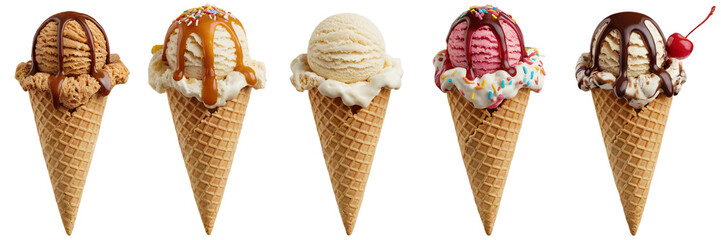 Delicious ice cream cones variety sweet treats summer dessert food cold on transparent background
