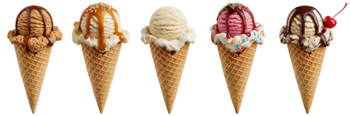 Delicious ice cream cones variety sweet treats summer dessert food cold on transparent background
