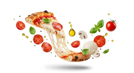Deconstructed Pizza Ingredients Floating Mid-Air Food Photography isolated on white background  