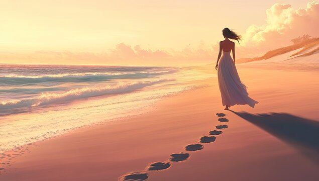 A woman in white dress walks along a beach at sunset, leaving footprints in the sand