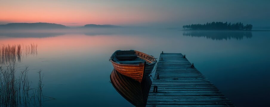 Tranquil lake at sunrise with a wooden boat and misty horizon