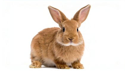 Obraz premium A light brown domestic rabbit sits against a stark white background, its ears erect, gazing directly at the viewer.