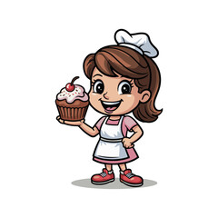 Happy Woman Baker Holding Cupcake Vector