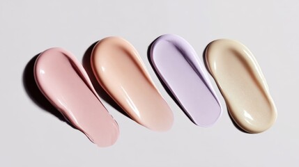 Makeup foundation swatches blending across white surface, displaying gradient of skin tone colors with soft, smeared cosmetic textures
