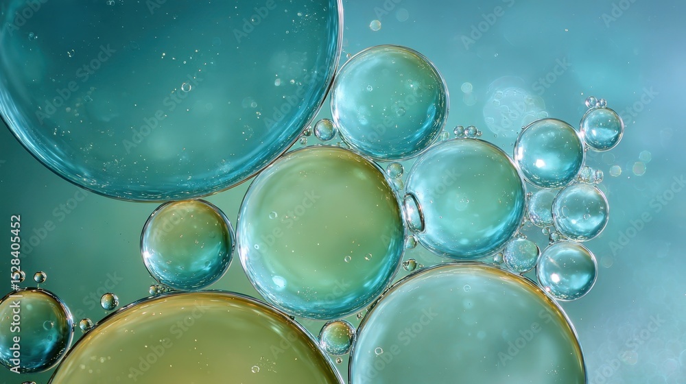 Poster abstract macro photograph showcasing colorful bubbles of varying sizes, reflecting light and creatin