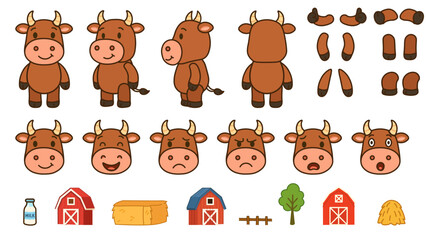 Vector set of a cute cartoon cow character with different poses, facial expressions, and farm elements. Perfect for animation, games, stickers, and children