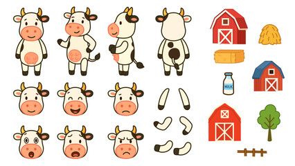 Spotted Cartoon Cow Character Kit with Facial Expressions and Farm Items. Great for animations, children’s books, farm-themed illustrations, and design kit