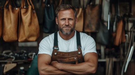 A confident craftsman stands proudly in his leather workshop, showcasing his passion for craftsmanship and dedication to creating high-quality handmade leather goods.
