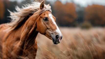 Obraz premium A stunning chestnut horse gallops through a golden meadow, showcasing its power and beauty against a backdrop of autumn foliage and blurred grass swaying in the wind.