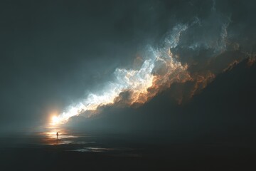 Obraz premium Solitary figure under dramatic fiery sky symbolizing hope and transformation.