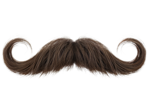 Brown swirled handlebar mustache hair isolated on man wig male retro style on transparent background - Powered by Adobe