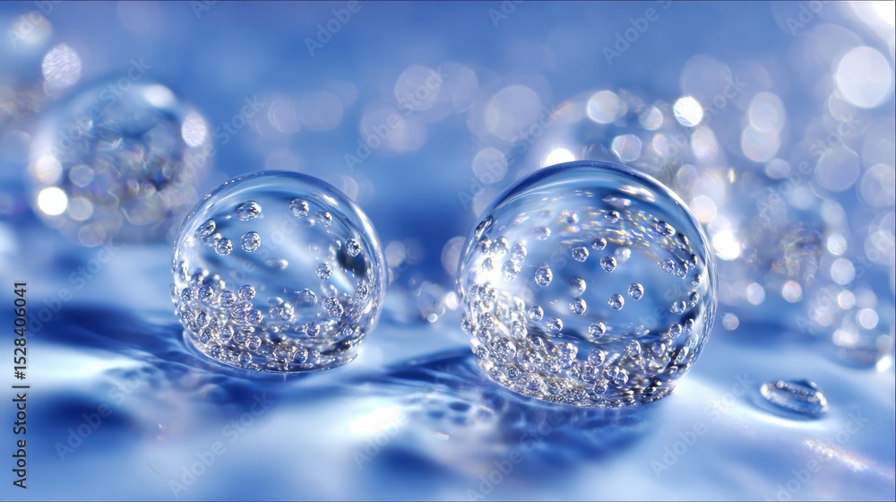 Poster glass spheres floating on vivid blue liquid, containing delicate bubbles, creating ethereal bokeh pa