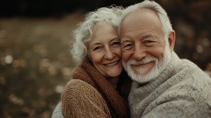 This heartwarming image features an elderly couple sharing a loving embrace outdoors, capturing the essence of companionship, warmth, and lasting love.