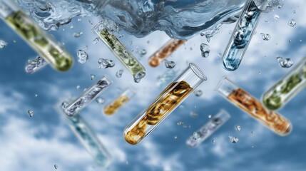 Scientific Visualization of Heavy Metal Contaminants in Water Using Pipette and Glassware A conceptual image for environmental science: lab glassware with chemical labels floating