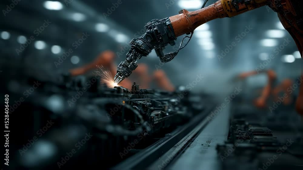 Poster orange robotic arms perform precise welding operations on components moving along an assembly line i