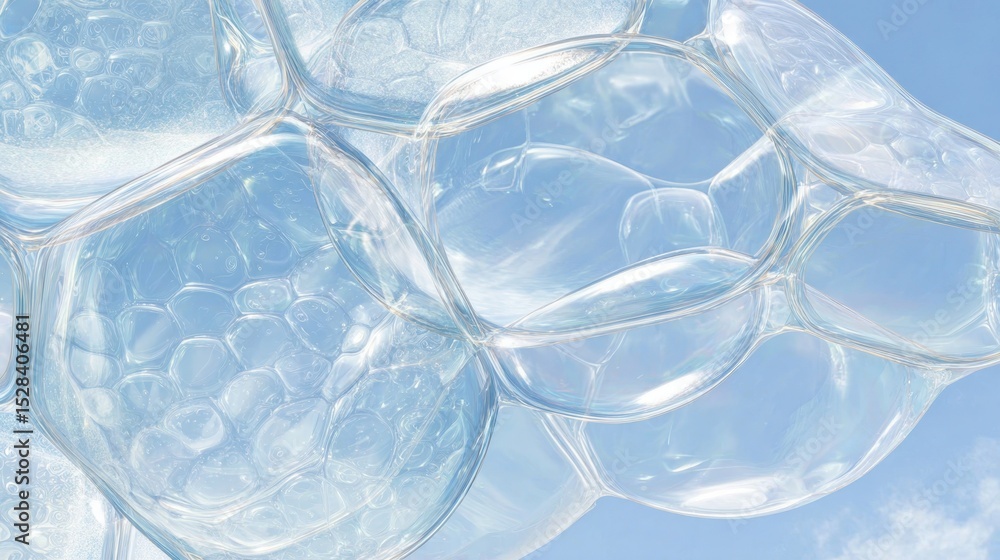 Poster iridescent soap bubbles clustered together, forming ethereal patterns with luminous, translucent mem