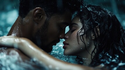 A romantic couple shares an intimate moment in a pool during rain, capturing deep emotions of love and connection amidst a serene and dreamy atmosphere.