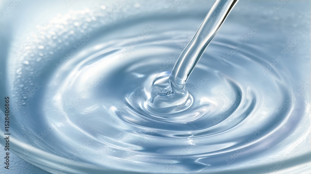 Poster clear liquid streaming into glass container, generating circular wave patterns and fine bubbles, rep