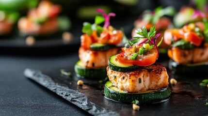 An exquisite presentation of gourmet salmon hors d'oeuvres topped with vibrant garnishes, served elegantly on a dark slate plate with artistic flair for culinary art.