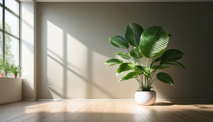 serene minimalist interior sunlight illuminates a lush green plant in a tranquil room