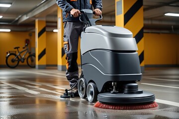 Industrial floor cleaning in underground parking garage with high-performance equipment