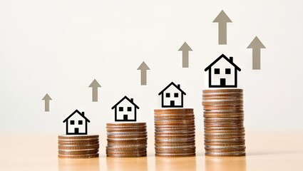 Real estate investment growth concept with coin stacks and rising house symbols for financial success and strategy