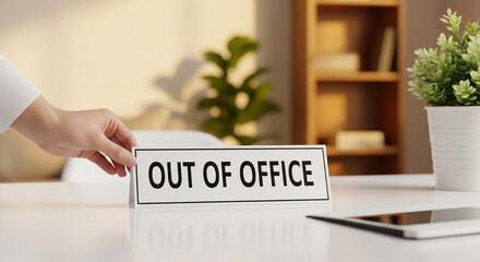 Hand placing "Out of Office" sign on desk, blurred office background showcasing plant, shelf, and tablet symbolizing temporary unavailability, break, or absence