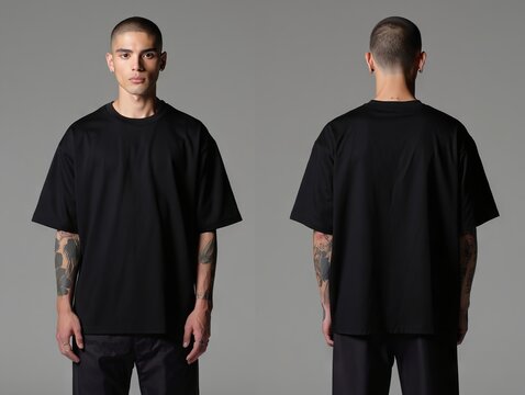 Minimalist fashion: front and back view of unisex black t shirt design for apparel mockup