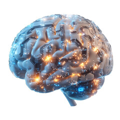 Futuristic Brain with Circuit Connections and Glowing Data Lights isolated on transparent or white background	
 
