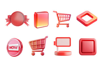 A vibrant collection of red icons including badges, shopping carts, and buttons, ideal for web design and marketing materials, perfect for conveying urgency and attention.
