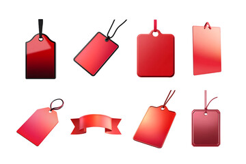 A collection of stylish red price tags and ribbons, ideal for promotional materials, showcasing various shapes and designs that enhance the visual appeal of any product.