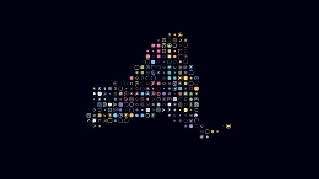 New York dotted animation. Shape of the state built of pulsating colored dots. Large size rounded square blocks. Digital style map on dark background. Modern video.