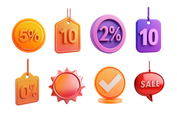 A collection of colorful discount tags featuring various percentages and sale indicators