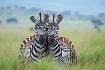 Fototapeta premium Two zebras in the grass, one facing the camera and hugging the other zebra from behind, with a misty background Generative AI