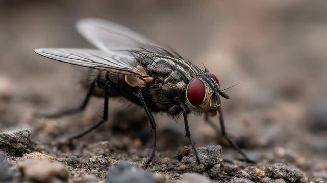 Detailed macro cinematic close-up of housefly walking on dirt ground in natural environment