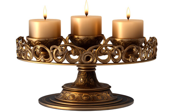 Candle pedestal, golden metal candle holder with three candles isolated on a transparent background